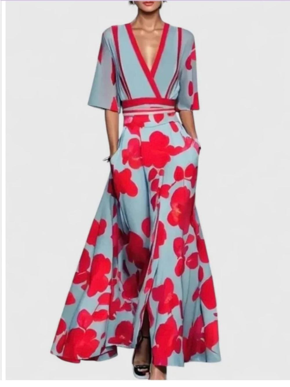 New and Never Worn Aimee Blue and Red Maxi Dress with Bold Red Floral Print